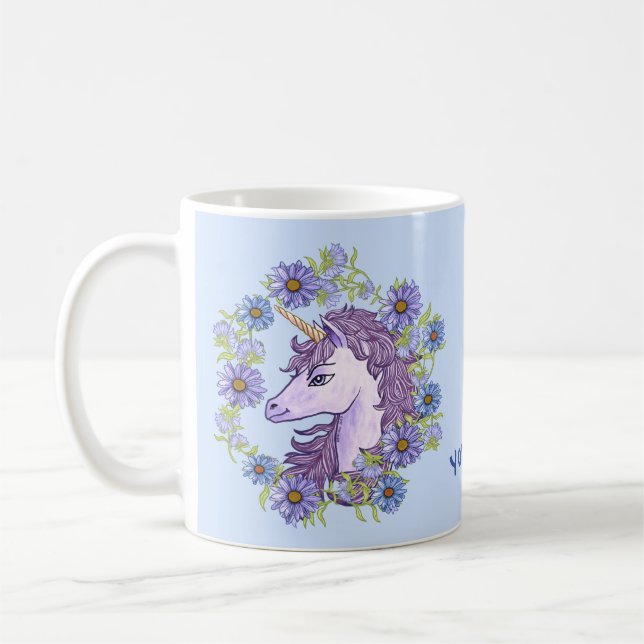 Blue Daisies Unicorn Coffee Mug (Left)