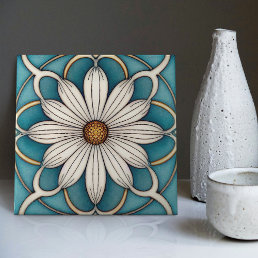 Blue Daisy Art Deco Floral Wall Decor Art Nouveau Ceramic Tile