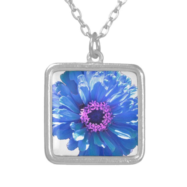 Blue daisy blue floral photo silver plated necklace (Front)