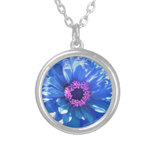 Blue daisy blue floral photo silver plated necklace