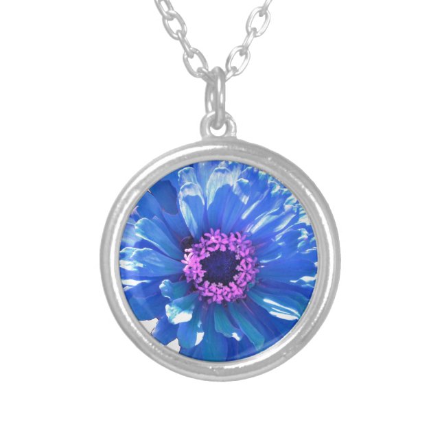 Blue daisy blue floral photo silver plated necklace (Front)