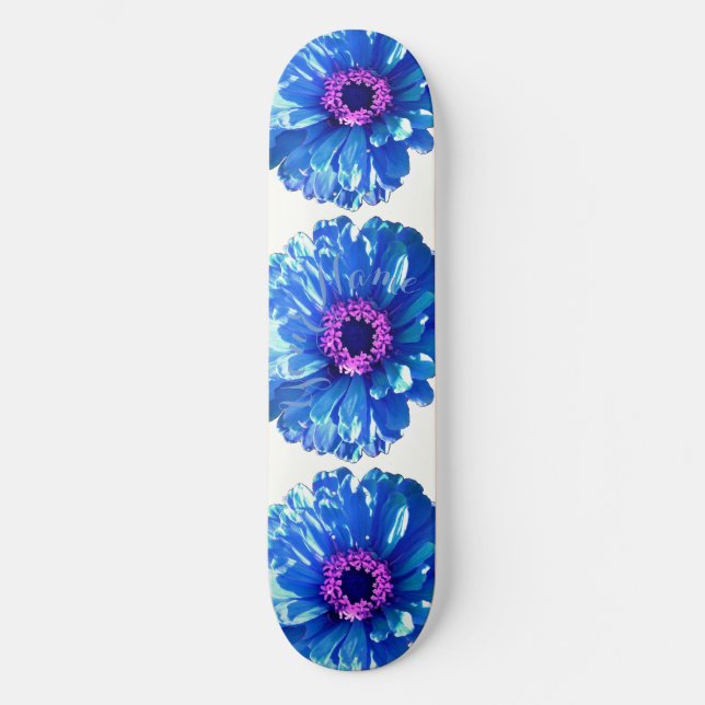 Blue daisy blue floral photo skateboard deck (Front)
