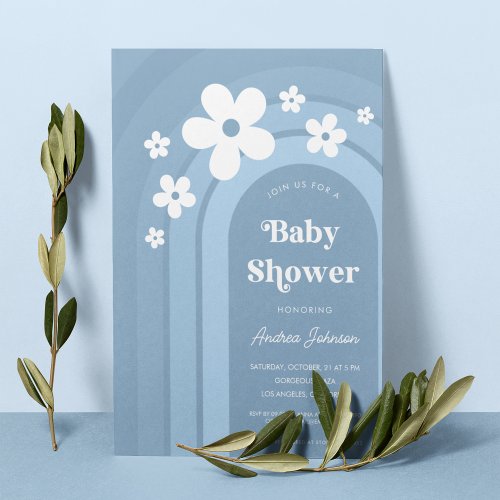 Blue Daisy Boho Rainbow Ombre 70s Baby Shower Invitation
