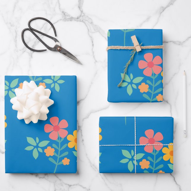 Blue Daisy Cute Bouquet Pattern Modern Wrapping Paper Sheets (Front)