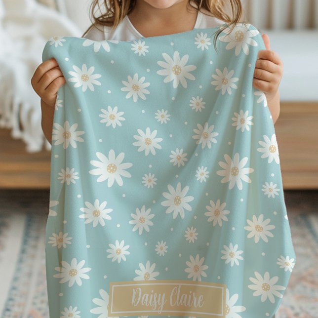 Blue Daisy Floral Custom Name Baby Blanket (Custom Name Baby Blanket)