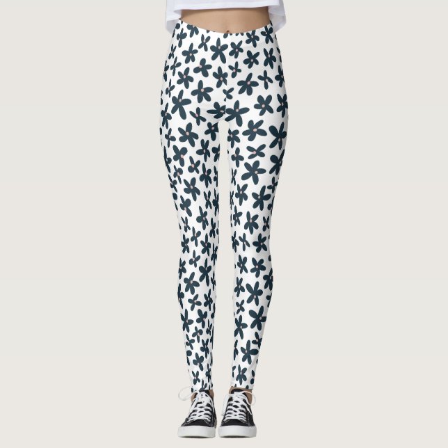Blue Daisy Floral Cute Workout Running Leggings (Front)
