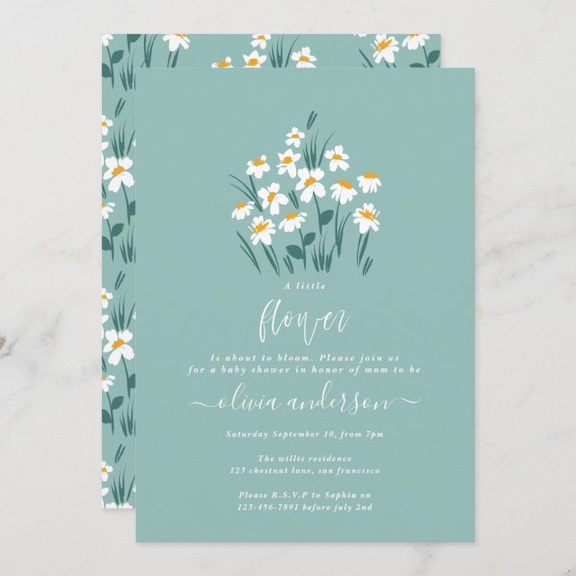 Blue daisy floral elegant beautiful baby shower in invitation (Front/Back)