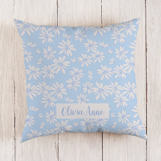 Blue Daisy Floral Girls Custom Throw Pillow