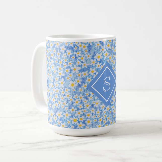 Blue Daisy Floral Pattern Monogram Coffee Mug (Front Left)