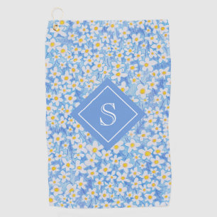 Blue Daisy Floral Pattern Monogram Golf Towel