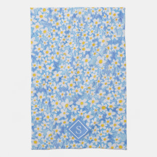 Blue Daisy Floral Pattern Monogram Kitchen Towel