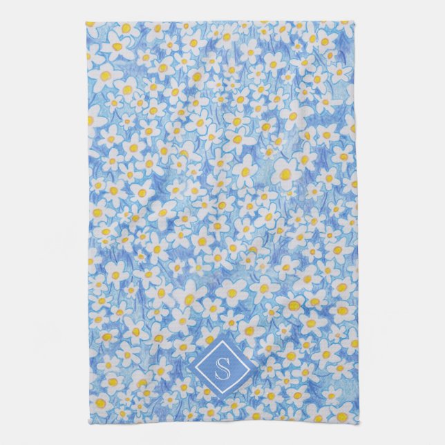 Blue Daisy Floral Pattern Monogram Kitchen Towel (Vertical)