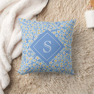 Blue Daisy Floral Pattern Monogram Throw Pillow