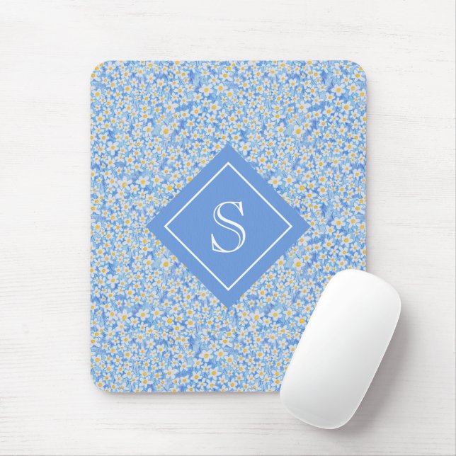 Blue Daisy Floral Pattern Personalized Mouse Pad (With Mouse)