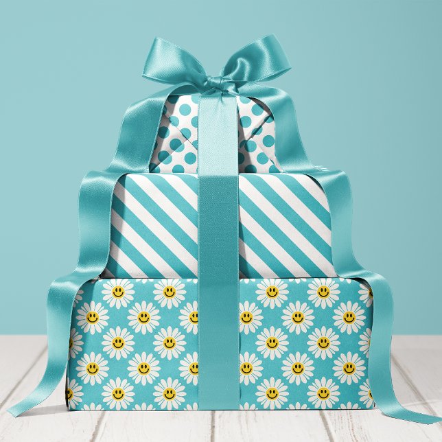 Blue Daisy Floral Stripes Polka Dot  Wrapping Paper Sheets (Creator Uploaded)