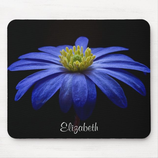 Blue Daisy Flower on Black Personalized Mouse Pad (Front)