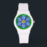 Blue Daisy Flower on Green Beautiful Watch<br><div class="desc">This pretty floral wristwatch has an original stylized flower, in a daisy style and colored blue. The yellow-orange watch numbers mark the time on the twelve petals. The background is done in an abstract mottled green, resembling grass. This is a bright, bold watch and would make a unique gift for...</div>
