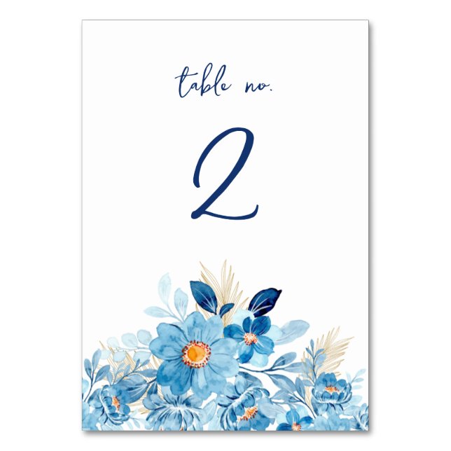 Blue Daisy Flowers Table Number Card (Front)