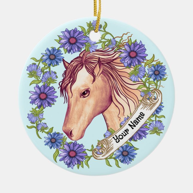 Blue Daisy Horse Ceramic Ornament (Front)