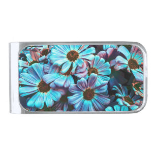 blue daisy in bloom in spring silver finish money clip