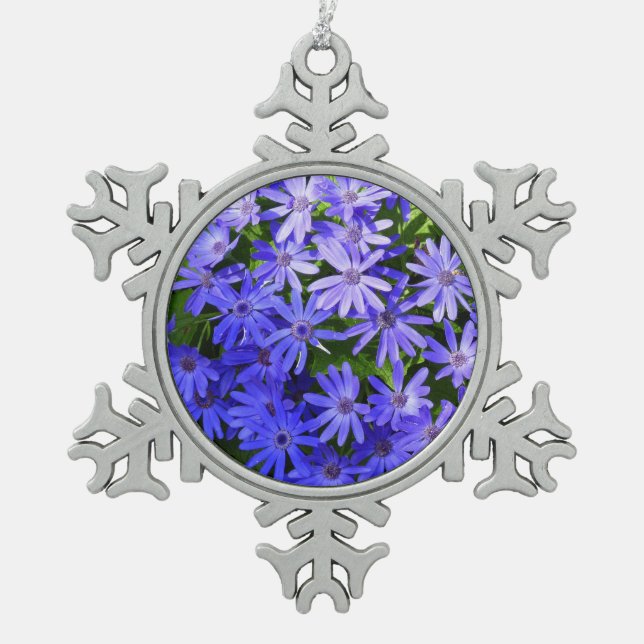 Blue Daisy-like Flowers Nature Photography Snowflake Pewter Christmas Ornament (Front)