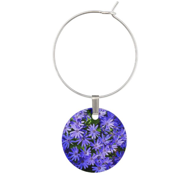 Blue Daisy-like Flowers Nature Photography Wine Charm (Front)