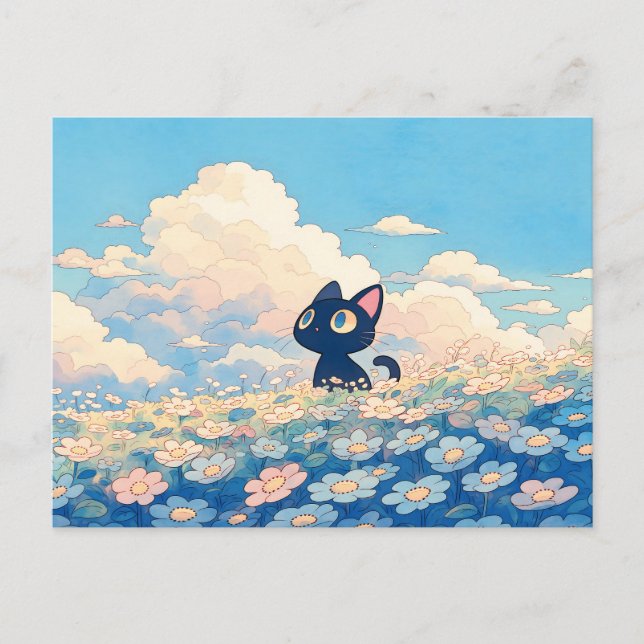 Blue Daisy Meadow Kawaii Black Cat Postcard (Front)