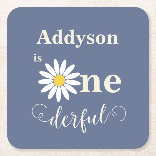 Blue Daisy Onederful First Birthday Square Paper Coaster (Front)