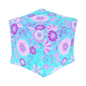 Blue Daisy Retro Print Cube Pouf
