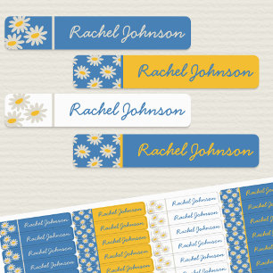 Blue Daisy & Retro Striped Waterproof Kids Name Labels