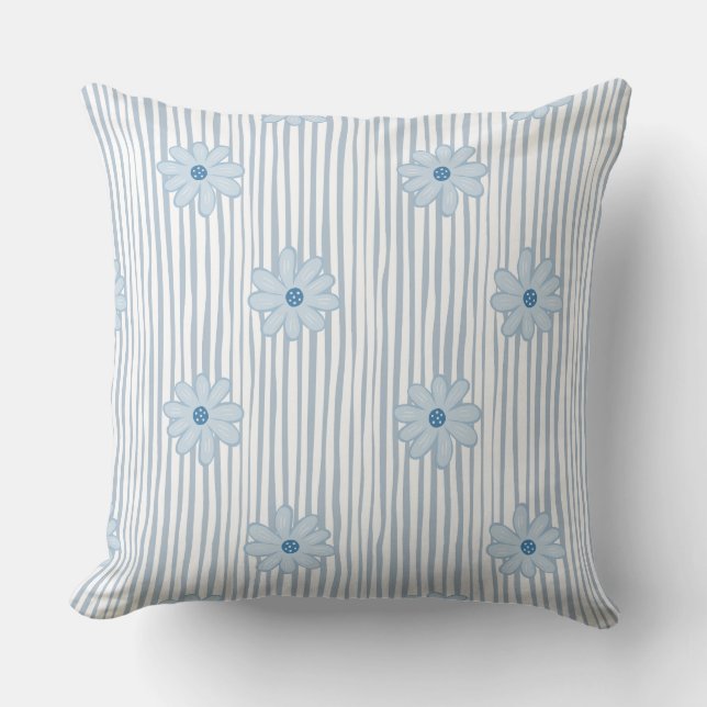 Blue Daisy Striped Pattern  Throw Pillow (Front)