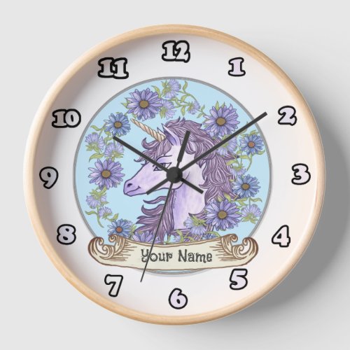 Blue Daisy Unicorn custom name clock