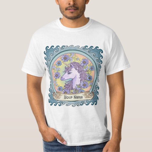 Blue Daisy Unicorn custom name clock T_Shirt
