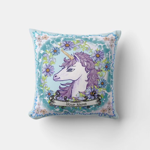 Blue Daisy Unicorn  Throw Pillow