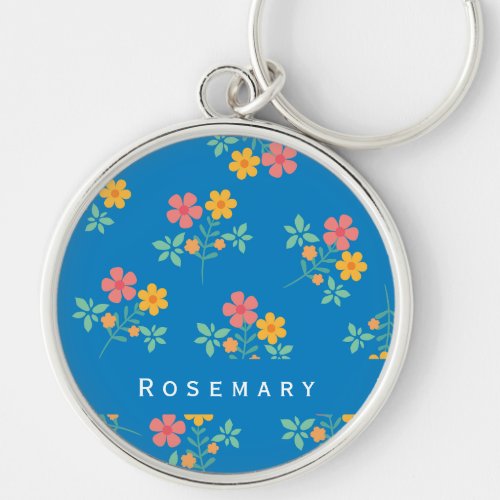 Blue Daisy Vintage Bouquet Pattern  Keychain