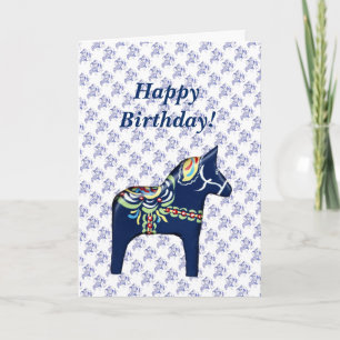 Blue Dala Horse Birthday Card