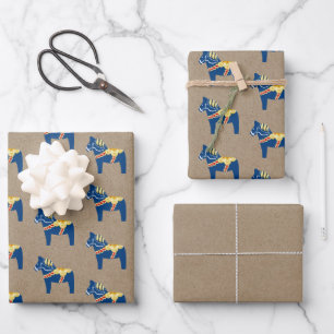 Blue Dala Horse Wrapping Paper Flat Sheet Set of 3