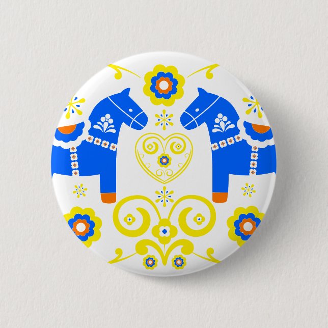 Blue Dala Horses Pinback Button (Front)