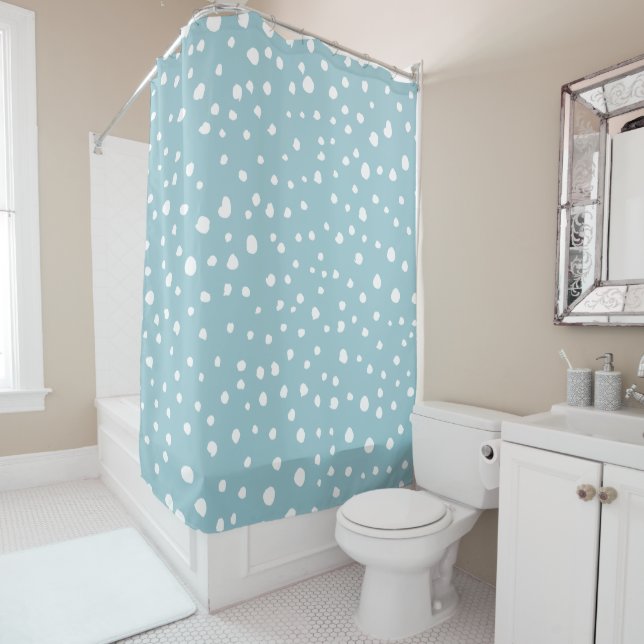 Blue Dalmatian Spots, Dalmatian Dots, Dotted Print Shower Curtain (In Situ)
