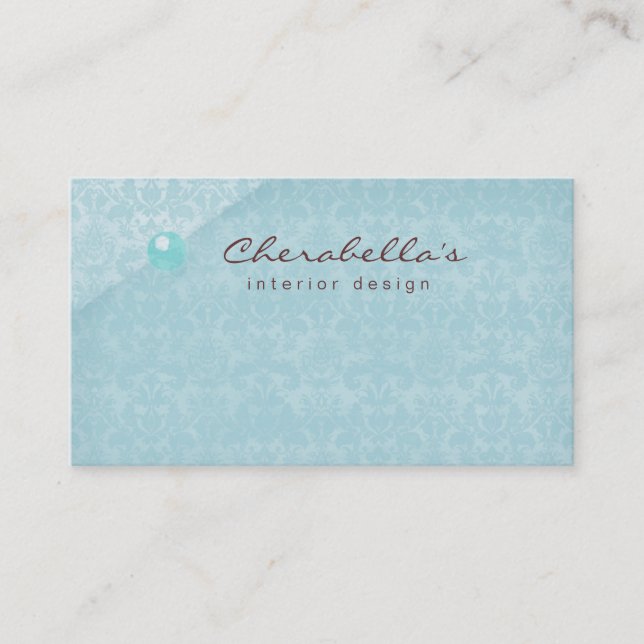 Blue Damask 1 Button Salon Spa business card (Front)