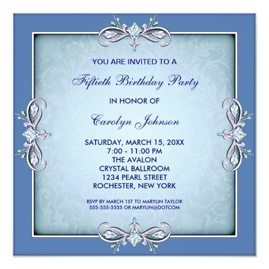 Blue Damask 50th Birthday Party Invitation