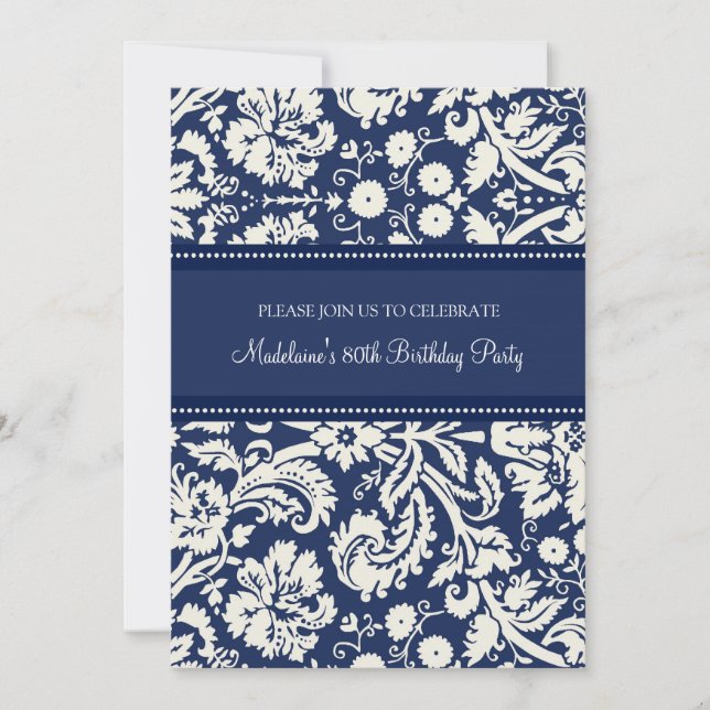 Blue Damask 80th Birthday Party Invitations (Front)