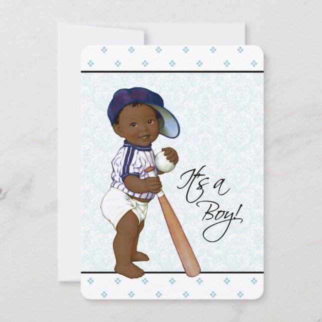 Blue Damask African American Baby Boy Shower Invitation (Front)