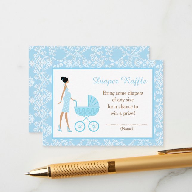 Blue Damask African American Baby Shower Raffle Enclosure Card (Front/Back In Situ)