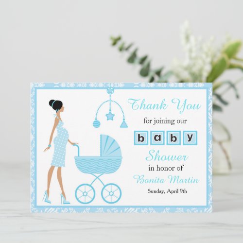 Blue Damask African American Baby Shower Thank You Card