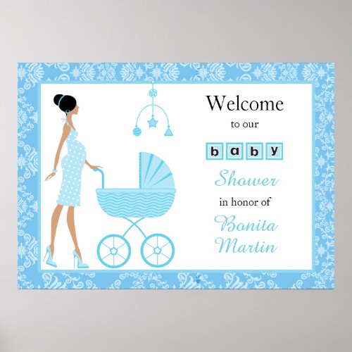 Blue Damask African American Boy Baby Shower Poster