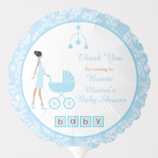 Blue Damask African American Woman Baby Shower Balloon (Front)