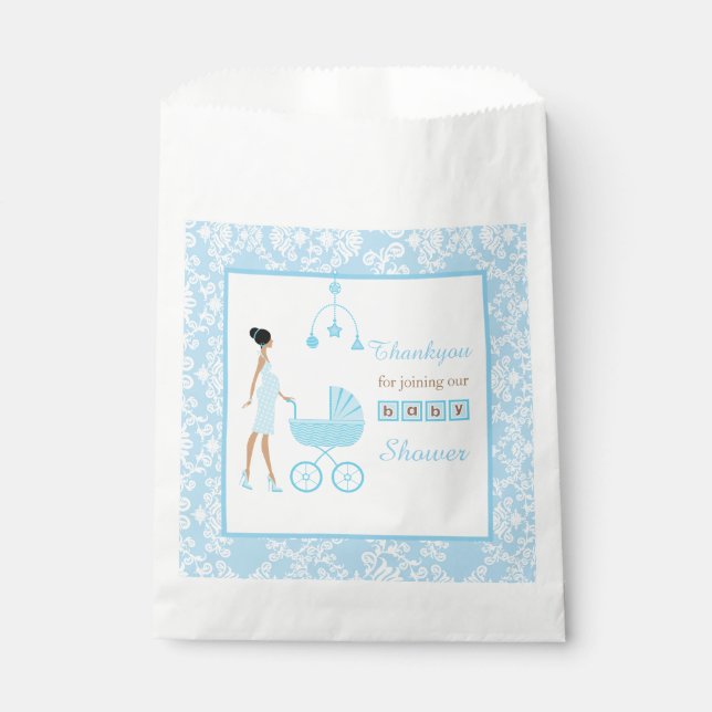 Blue Damask African American Woman Baby Shower Favor Bag (Front)