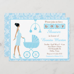 Blue Damask African American Woman Baby Shower Invitation