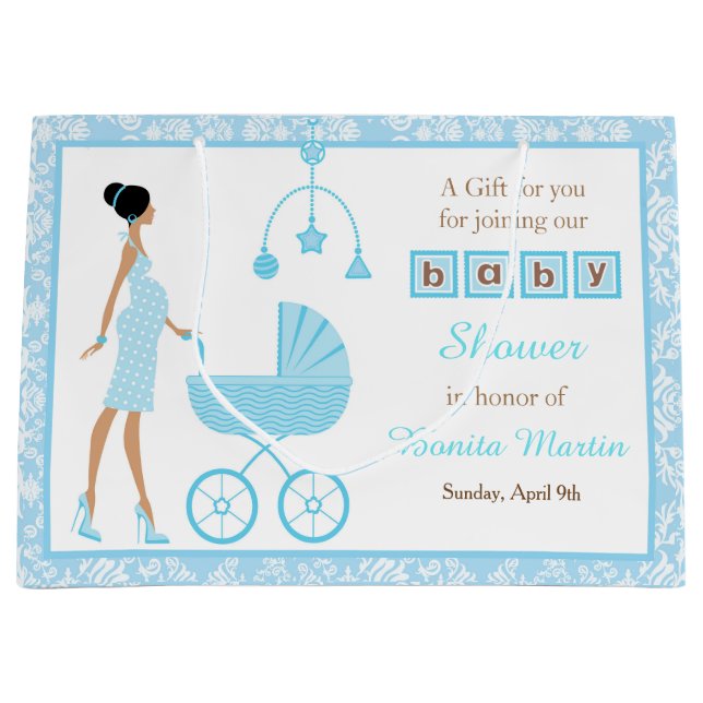 Blue Damask African American Woman Baby Shower Large Gift Bag (Front)
